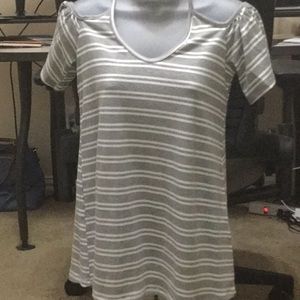 Cold Shoulder grey striped knit top.